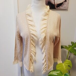 REMAIN Sequin Embellished Ruffle Trim‎ Cardigan Sweater Top Beige Small MSRP $98